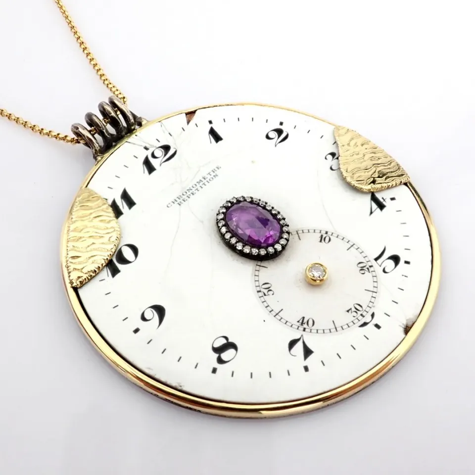 Necklace made of gold and silver with antique watch dial with precious colorful stones and diamonds