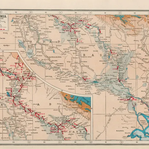 WW1 Mesopotamia Bagdad Basra Coloured Antique Map 1922.