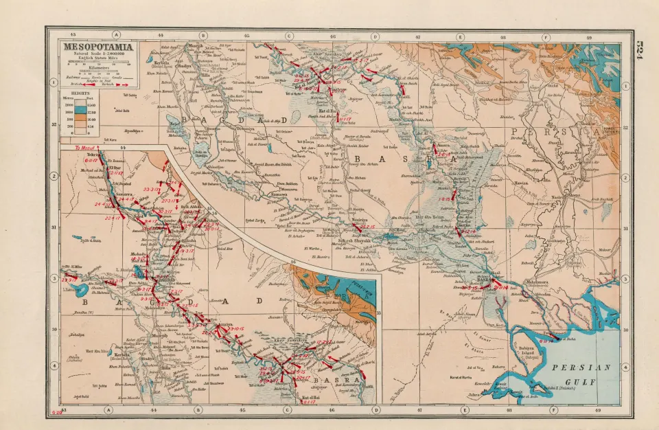 WW1 Mesopotamia Bagdad Basra Coloured Antique Map 1922.