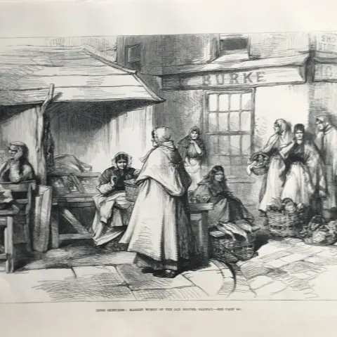 Market Women Of  the Old Booths Galway 1879 Antique Woodgrain Print.