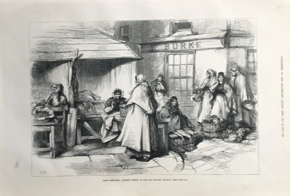 Market Women Of  the Old Booths Galway 1879 Antique Woodgrain Print.