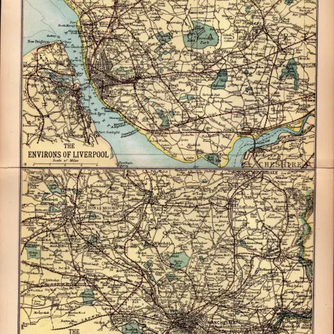 Environs Liverpool & Manchester  1895 Antique Victorian Coloured Map.