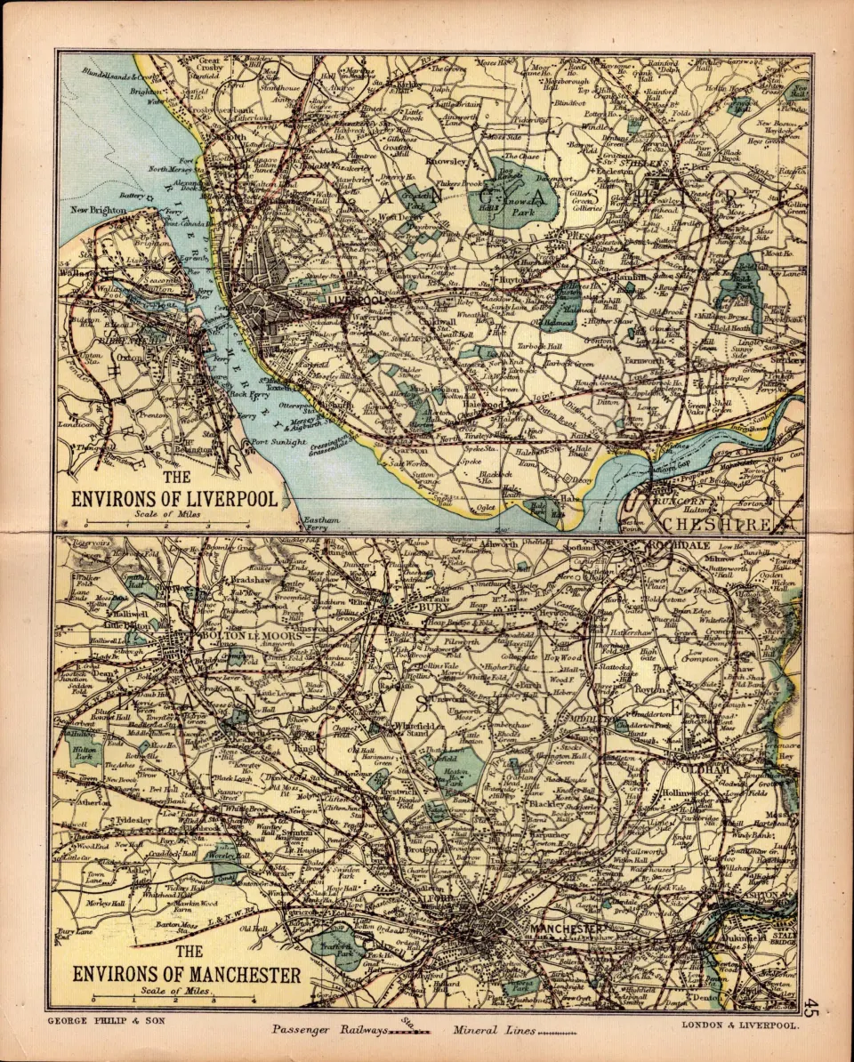 Environs Liverpool & Manchester  1895 Antique Victorian Coloured Map.