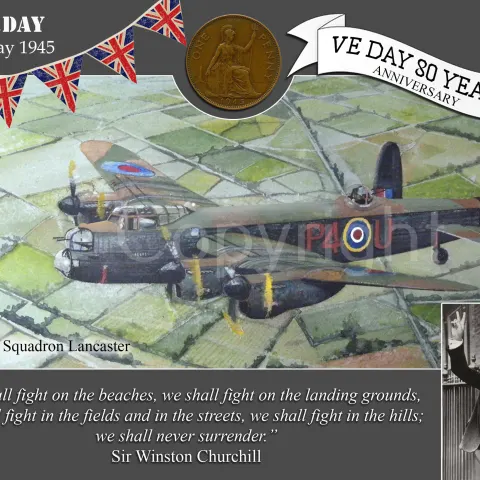 VE Day 80th Anniversary Designed Metal Art Coin Display 153 Squadron Lancaster