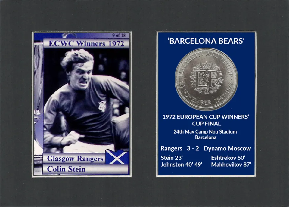 Colin Stein Rangers FC Wins 1972 ECWC Mounted Card & Coin Metal Art Display