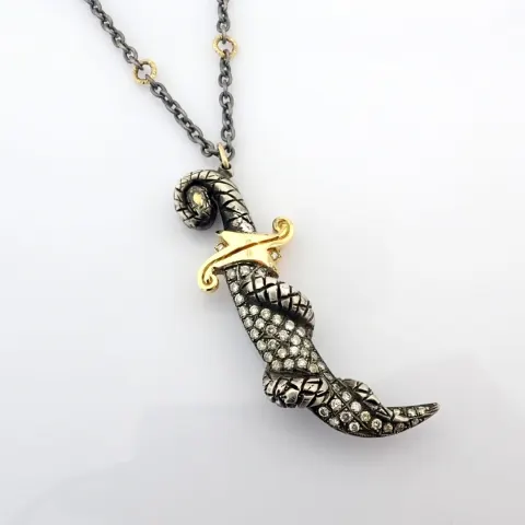 Sword Necklace Detailed With Brilliant Diamonds and 14K Gold On Silver
