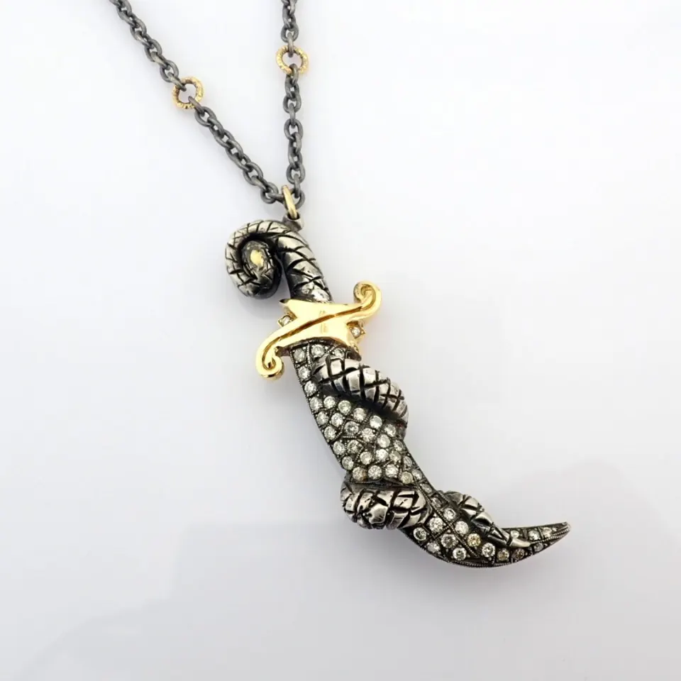 Sword Necklace Detailed With Brilliant Diamonds and 14K Gold On Silver
