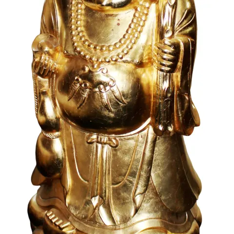 Large Gilded Carved Wood Laughing Buddha Sculpture on Lotus Base