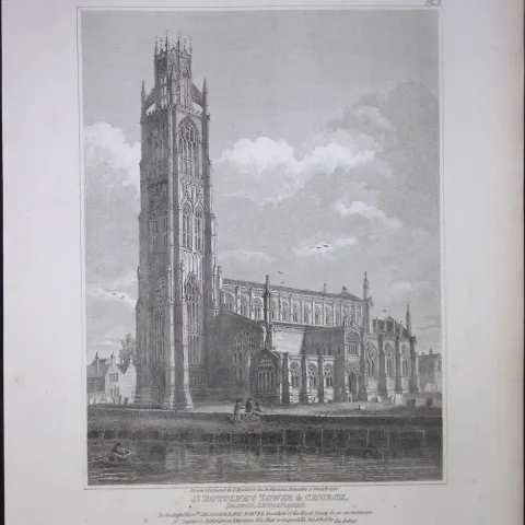 St Botolph’s Tower Boston 190 Years-Old Rare John Britton Antique Steel Engraving-92