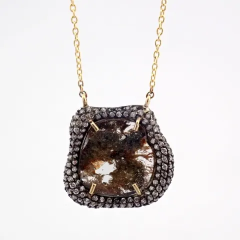 18K yellow gold necklace with slice cut rough diamond, brilliant diamonds on silver frame