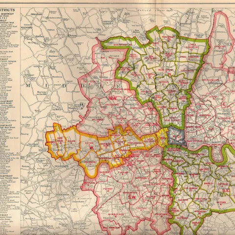 Bacons Vintage London Suburbs Metropolitan Postal Districts Coloured Map.
