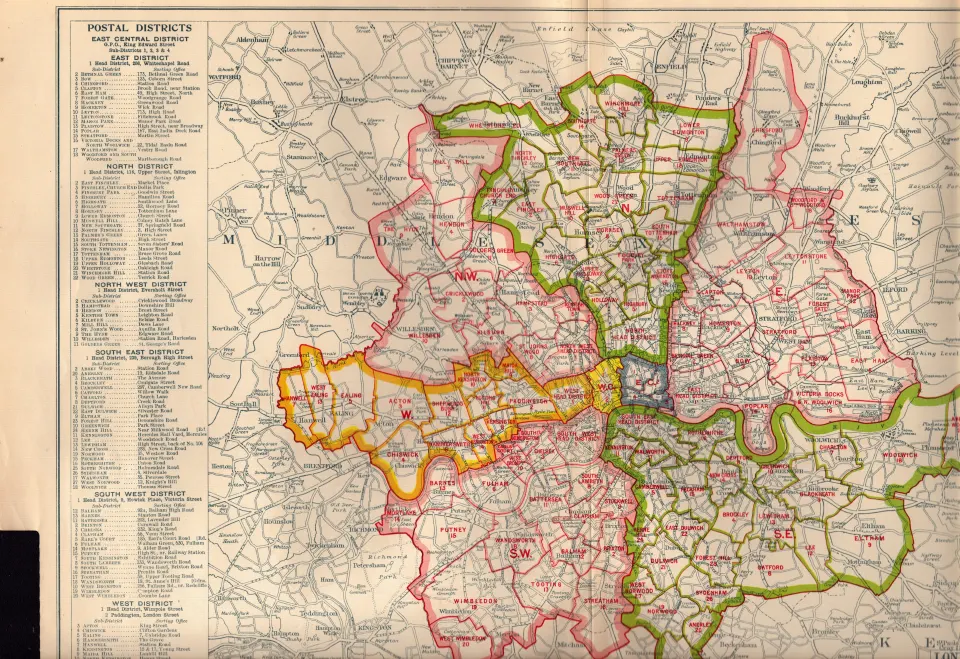 Bacons Vintage London Suburbs Metropolitan Postal Districts Coloured Map.