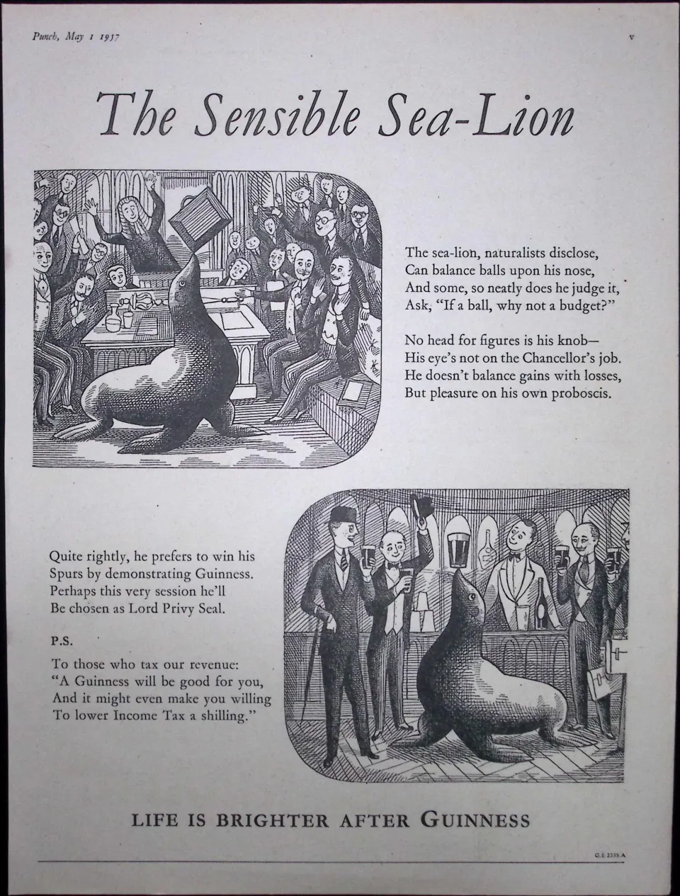 Guinness 1957 68 Years-Old Print Sensible Sea-Lion G.E.2335-A