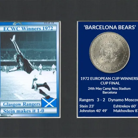 Stein Makes It 1-0 Rangers Barcelona Bears 1972 Mounted Card & Coin Set.