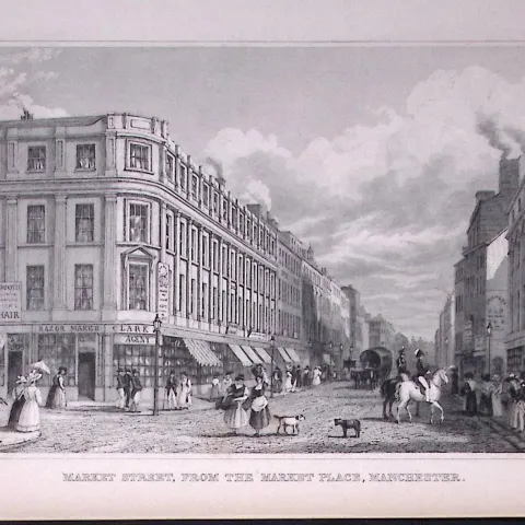 Market St from Market Place Manchester Antique 195 Years-Old Steel-Engraving-27
