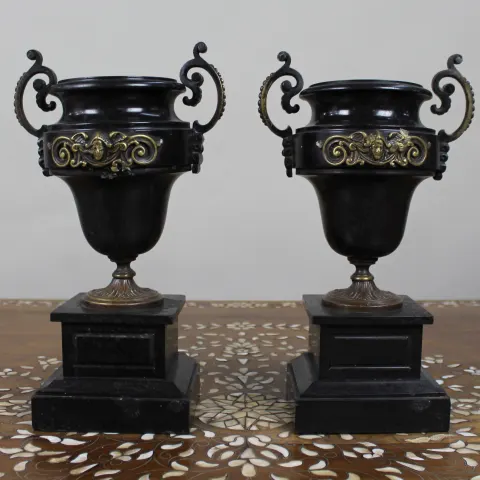 Pair of French Bronze and Marble Urns