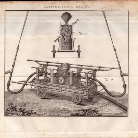 Extinguishing Engine Detailed Diagram 1799 George III Copper Engraving.
