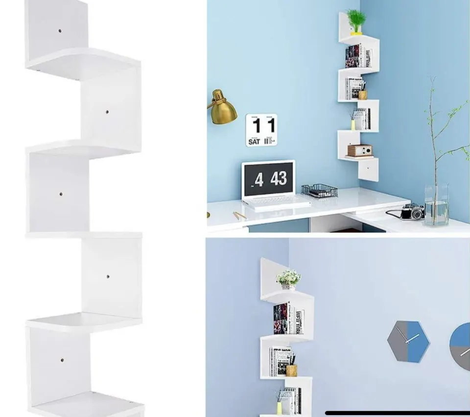 Tiers Zig Zag Wall Corner Shelf Unit Wall Mounted Wood Shelving Bookcase Storage Display Organizer