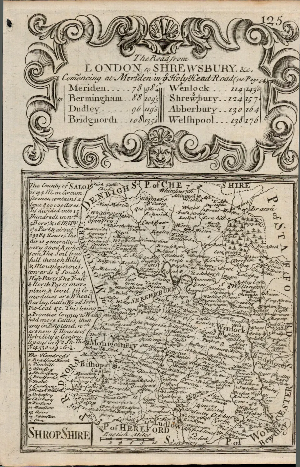 Britannia Depicta E Bowen c1730 Map Meriden, Birmingham, Dudley, Bridgnorth, Wenlock.