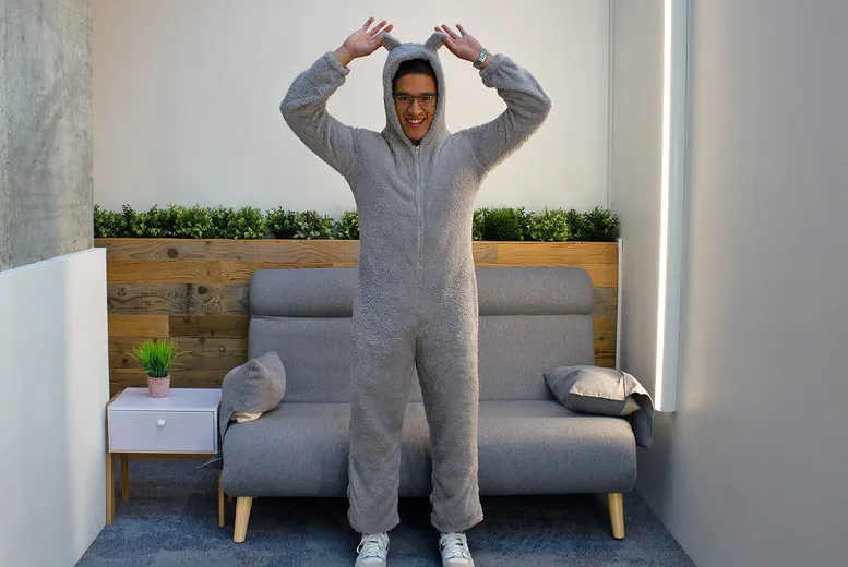 Ultra-Soft Zip-Up Teddy Fleece Onesie – Grey – Size 14