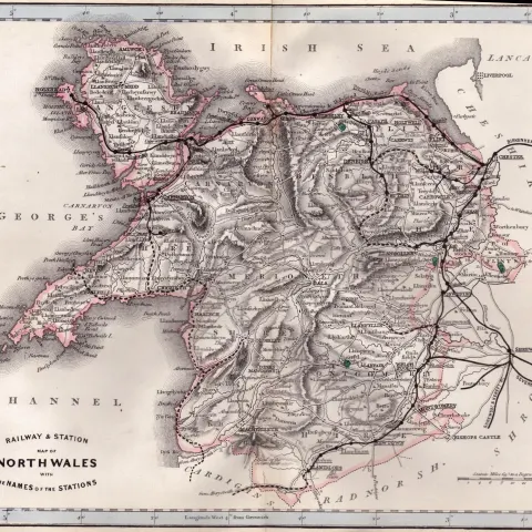 North Wales Cruchley Scarce Antique Railways & Stations Coloured Map.
