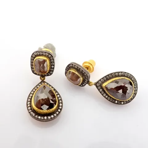 24K Yellow Gold Earrings Detailed With Slice Cut Rough Diamond In The Centre and Brilliant Diamonds