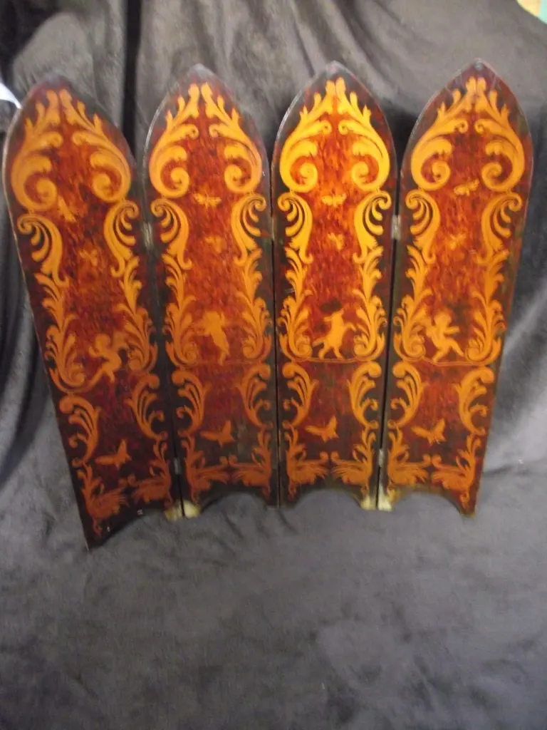 Antique Wooden Penwork Folding Screen - Circa 1800's