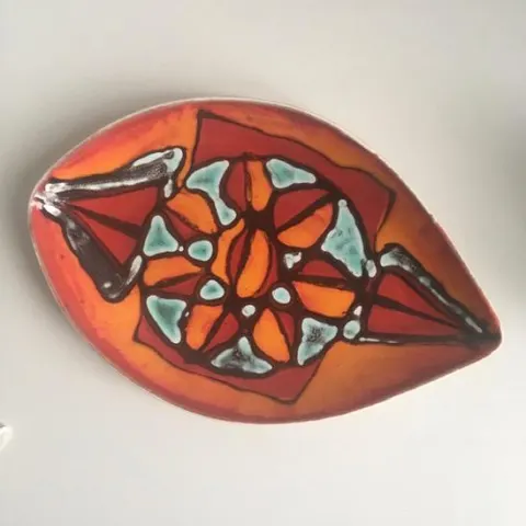 Poole Pottery : Hand painted (Circa 1970s) Delphis ‘Spear Dish’ Orange Colourway With Blue Detailing