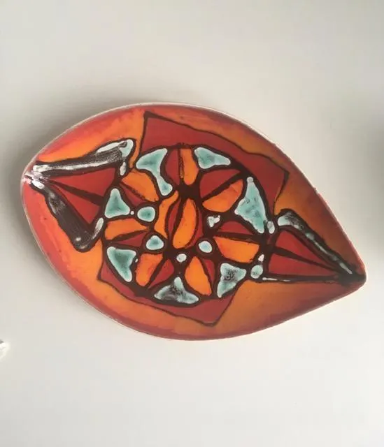 Poole Pottery : Hand painted (Circa 1970s) Delphis ‘Spear Dish’ Orange Colourway With Blue Detailing
