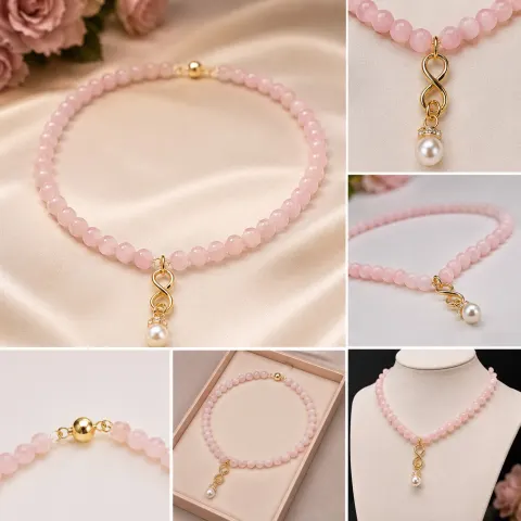 Pink Beaded Necklace with Pearl Drop Pendant