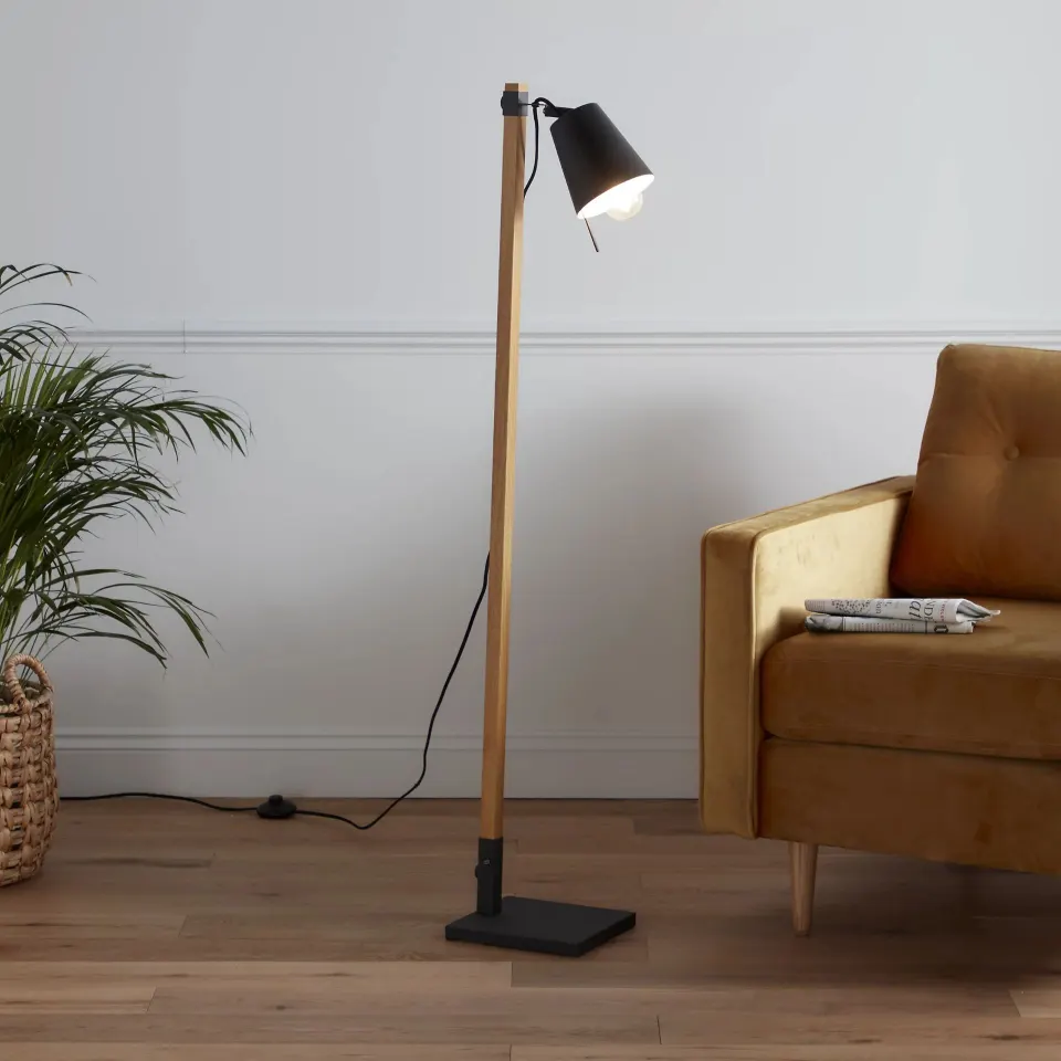 4 x Menonry Matt Black Wood Effect Floor Lamp RRP £48.00 ea (Box damaged but item in perfect order)