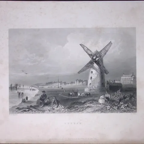 Lytham Beach Windmill WH Bartlett 183 Years-Old Antique Steel Engraving-10