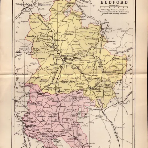 County of Bedfordshire  1895 Antique Victorian Coloured Map.