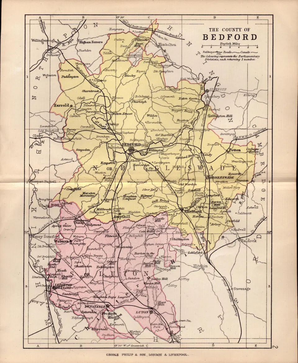 County of Bedfordshire  1895 Antique Victorian Coloured Map.