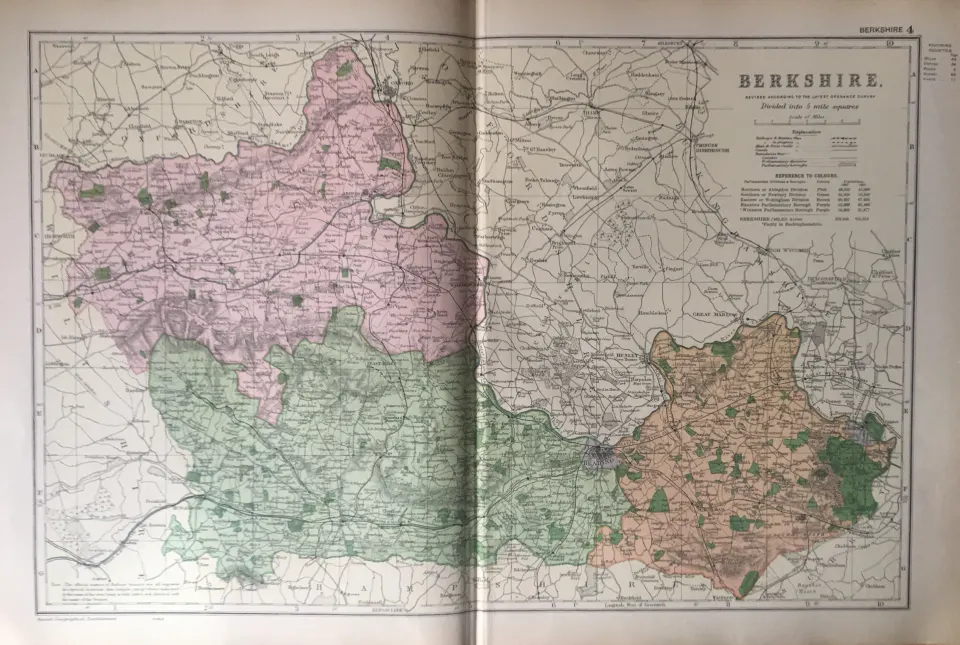 County of Berkshire Coloured Antique Large Map  GW Bacon 1904.