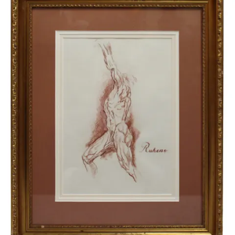 Fine Red Chalk Male Nude Set in Gilt Frame