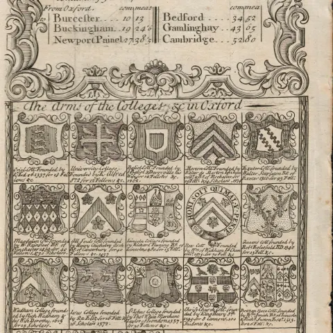 Britannia Depicta E Bowen c1730 Map The 18 Arms of Oxford Universities.
