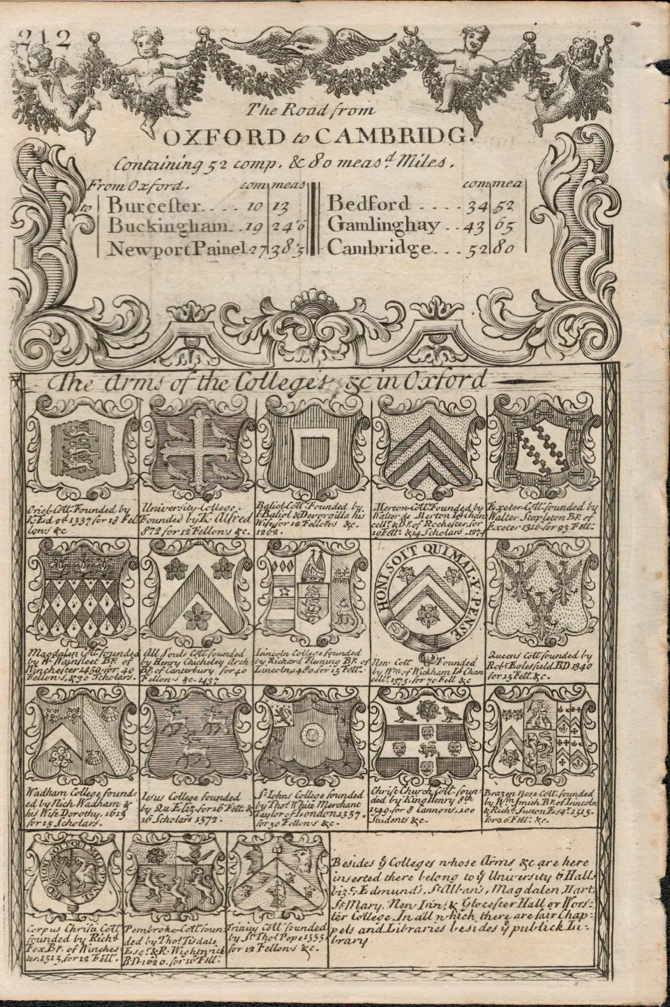 Britannia Depicta E Bowen c1730 Map The 18 Arms of Oxford Universities.
