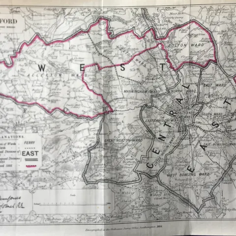 Antique 139 Years-Old Scarce Map City of Bradford 1885 Boundary Changes.