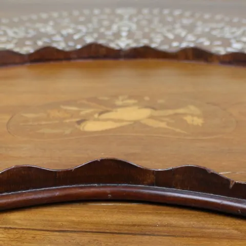 Antique Inlaid Wooden Tray with Brass Handles