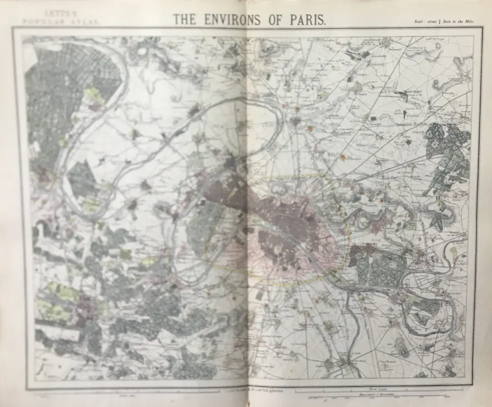 Environs Of Paris  France Victorian Letts 1882 Antique Coloured Map.