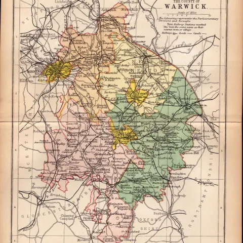 County Warwickshire 1895 Antique Victorian Coloured Map.