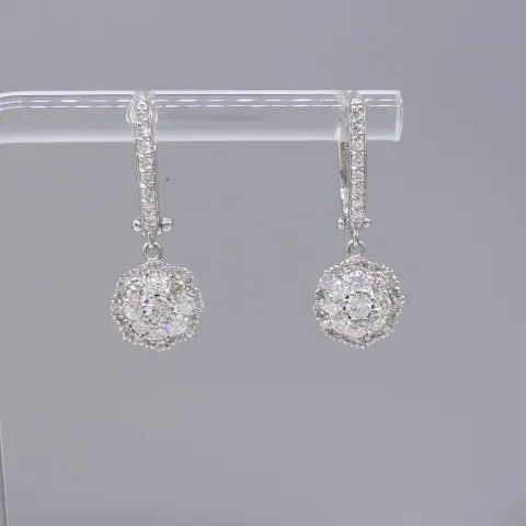 Certificated pair of lab grown F-G / VS diamond cluster drop earrings with Omega fastenings