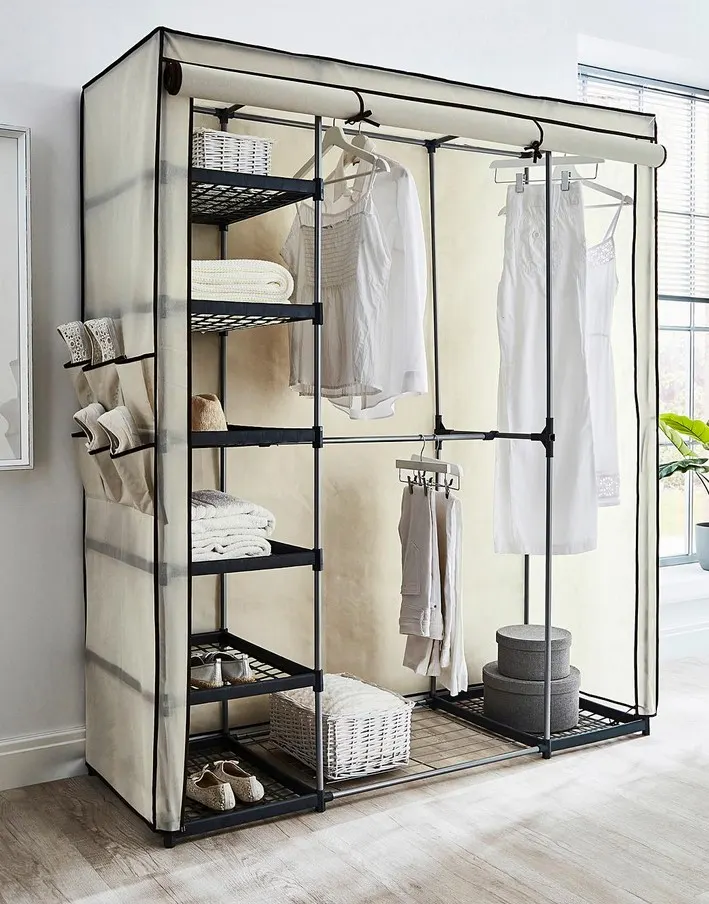 (122/Mez/P16) RRP £79. Covered Triple Wardrobe with Storage Cream. Made From Powder Coated Steel Tu