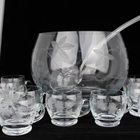 Vintage Punch Bowl, Ladle & 12 Glasses