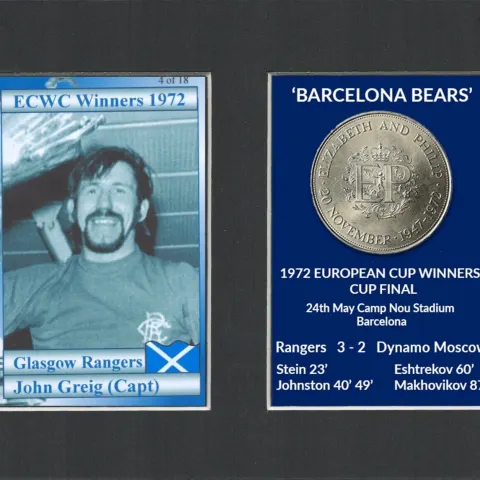 John Greig Barcelona Bears 1972 ECWC Mounted Card & Coin Metal Art.