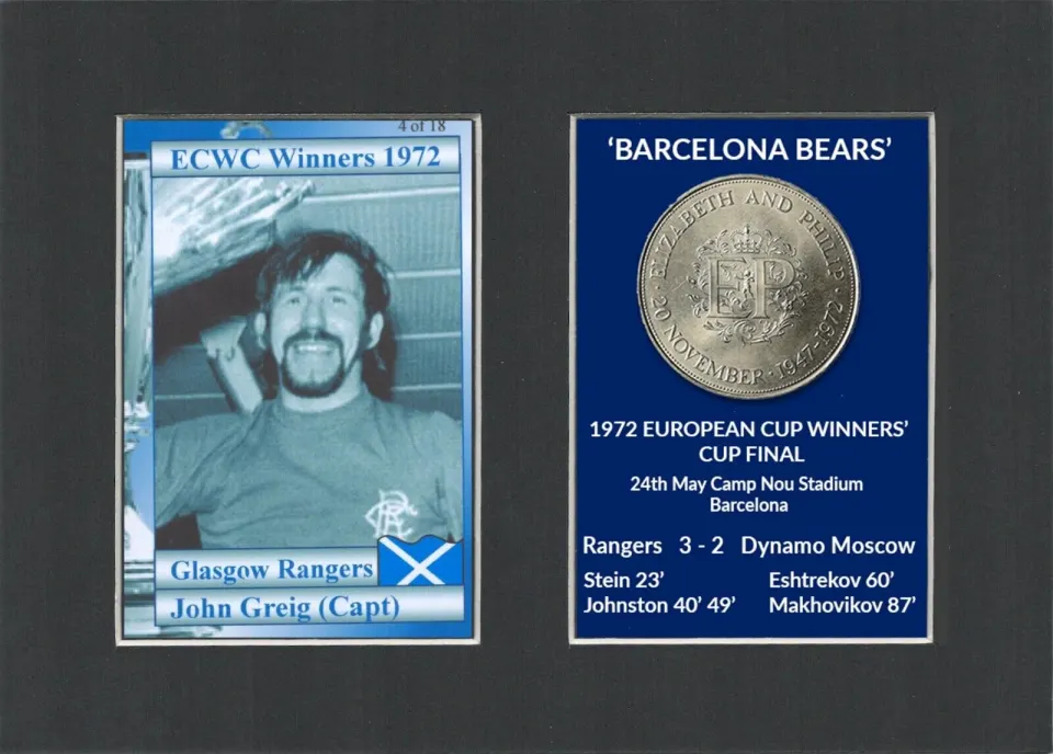 John Greig Barcelona Bears 1972 ECWC Mounted Card & Coin Metal Art.