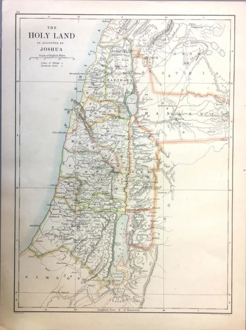 Antique Palestine  Religious Map of Holy Land As Allotted By Joshua.