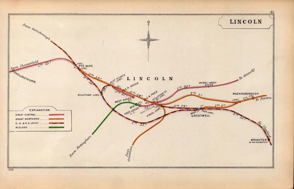 Lincoln Greetwell Washingborough  Antique Railway Junction Map-41.