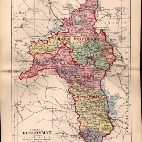 County Of Roscommon  Ireland Antique Detailed Coloured Victorian Map.